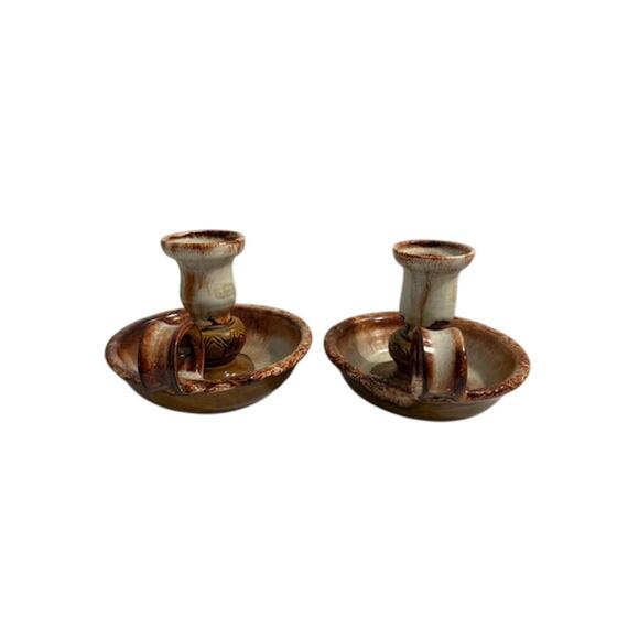 Vtg Dryden Original Pottery Pair of Candlesticks Brown Tan 3.75" Tall - Picture 6 of 8